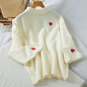 Little Heart Embroidery O-Neck Casual Sweater