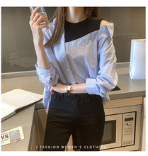 Fake Two Piece Off Shoulder Striped Splice Blouse Shirt
