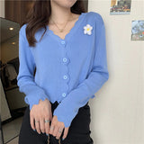 Pocket 3D Flower V-Neck Cardigan Sweater
