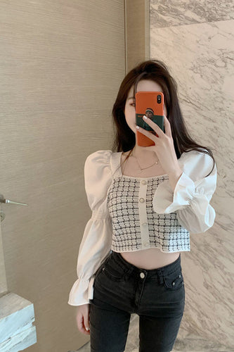 Long Sleeve Stitching Square Collar Blouse Shirt