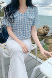 Short Sleeve Retro Plaid Blouse Shirt