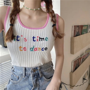 It's Time To Dance Letter Embroidered Knitted Crop Tops