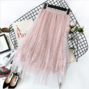 Floral Embroidery A Line Tulle Mesh Pleated Skirt