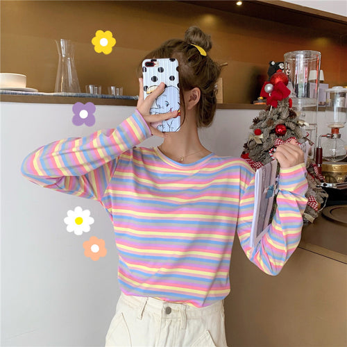 Long Sleeve Rainbow Striped O-Neck Shirt