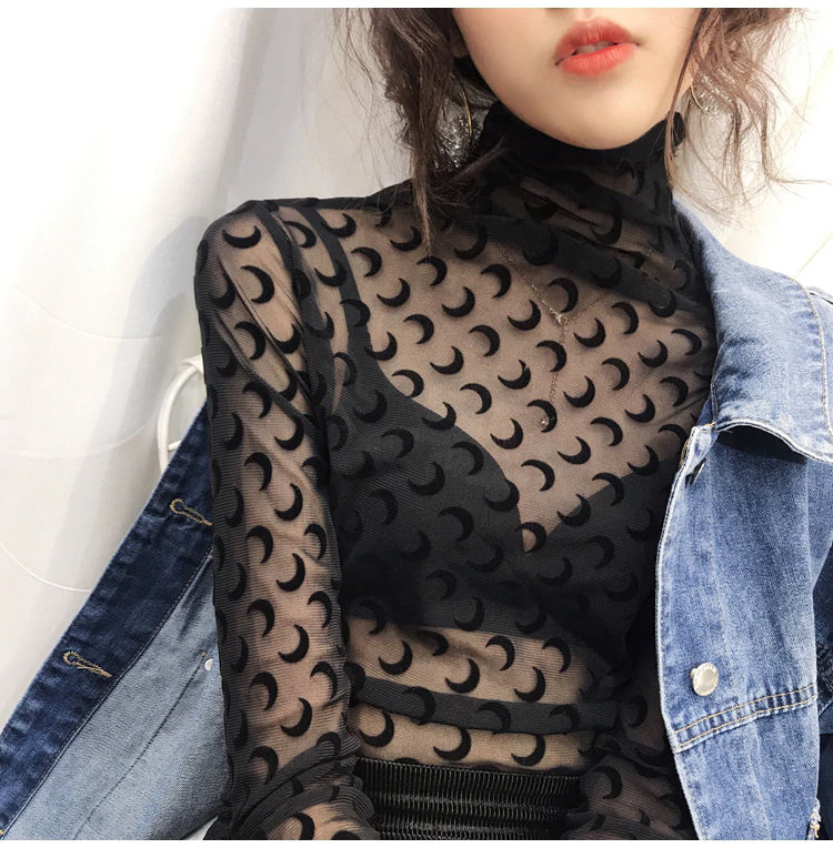 Sexy Lace Collar Moon Printed Long Sleeve Shirt