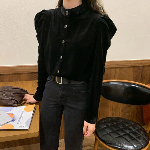 Vintage Black Velvet Blouse Shirt