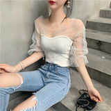 Short Sleeve Neck Lace Mesh Transparent Shirt