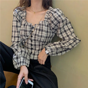 Long Sleeve Square Collar Plaid Ruffled Cropped Blouse