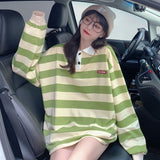 Retro Green Striped Turn Down Collar Sweater