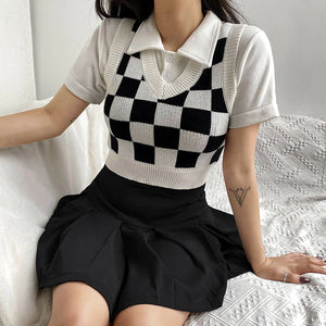 Checkered Printed Crop Tops Slim Sweater