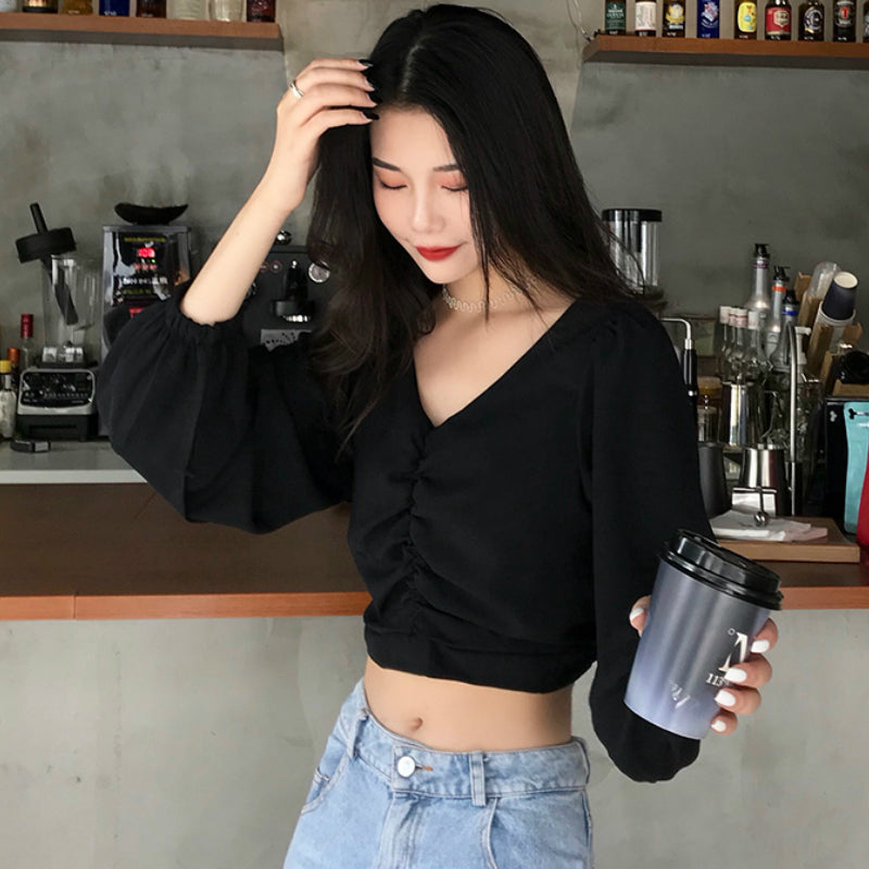 Sexy Elegant V-Neck Long Puff Sleeve Crop Tops – Tomscloth