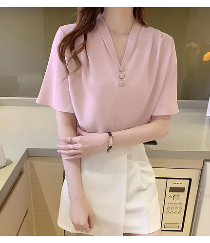 V-Neck Flare Sleeve Office Blouse Shirt