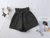 High Elastic Waist Denim Belt Tie Shorts