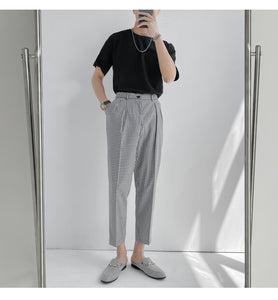 Vintage Plaid Elastic Waist Ankle Length Men Pants