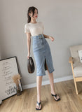 High Waist Ring Buckle Front Split Jeans Skirts