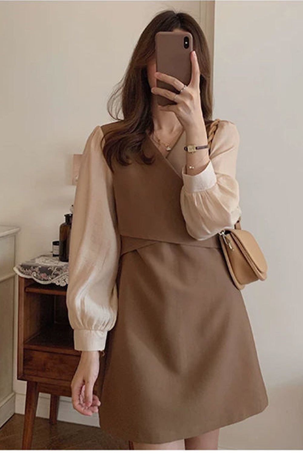 Long Sleeve Panelled Color Elegant Mini Dress