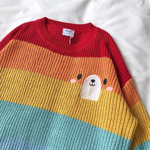 Cartoon Kawaii Pocket Rainbow Striped Sweater