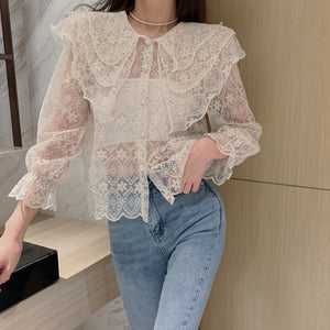 Long Sleeve Peter Pan Collar Lace Blouse Shirts