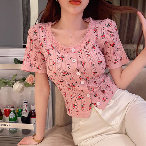 Flowers Printed Casual Knitted Slim Shirt