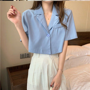 Short Sleeve Cropped Office Blouse Shirt