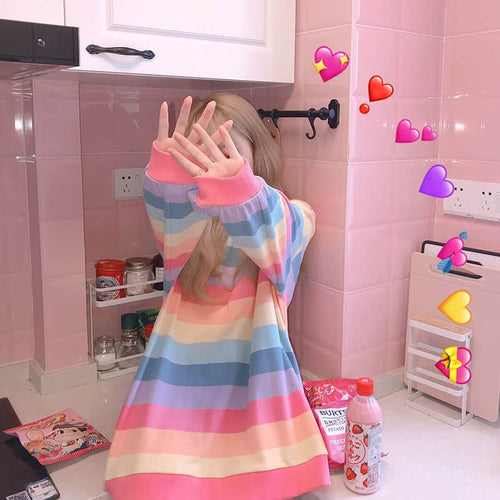 Long Sleeve Loose Rainbow Striped Sweatshirt