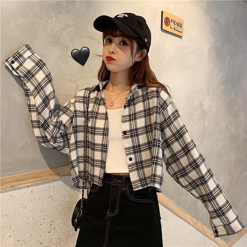 Long Sleeve Cute Plaid Cropped Shirts