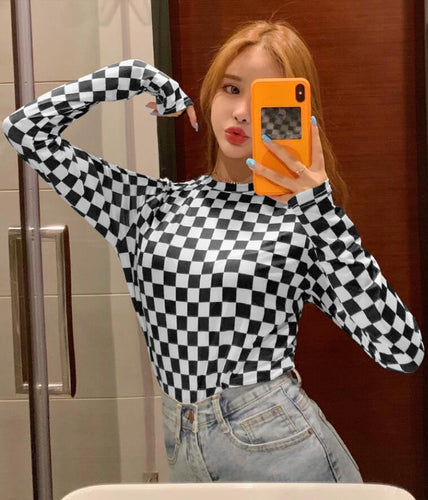 Checkerboard Pattern Slim Thin Long Sleeve Shirt