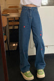 Red Daisy Embroidered Long Jeans Pants