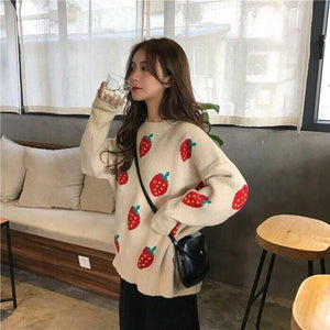 Strawberry Pattern Printed O-Neck Knitted Sweater