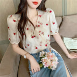Puff Sleeve Rose Pattern Office Blouse Shirt