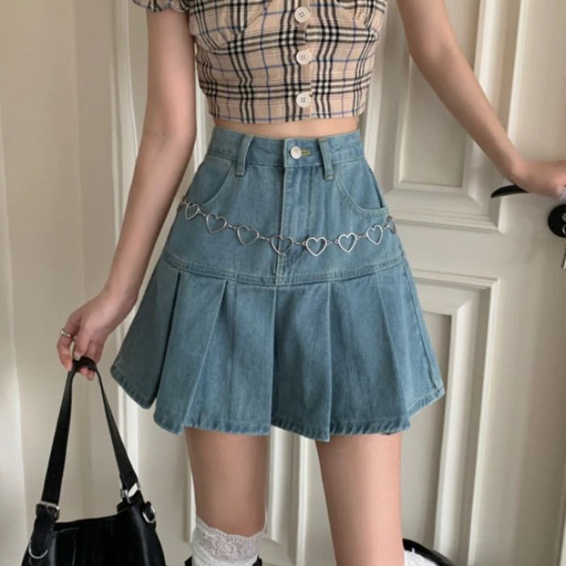 Casual Pleated Denim Mini Skirt