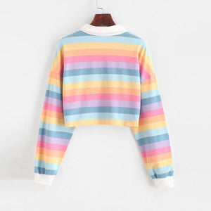 Rainbow Patchwork Button Cropped Long Sleeve Shirt