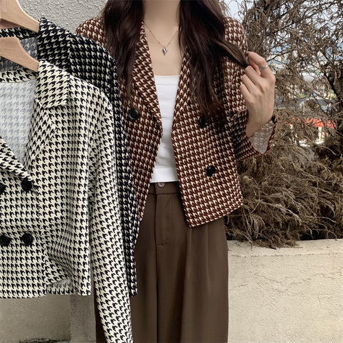 Notched Plaid Pattern Blazers Jacket