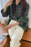 Casual Dark Green Plaid Office Blouse Shirt