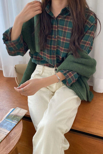 Casual Dark Green Plaid Office Blouse Shirt