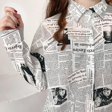 Vintage Newspaper Printed Turn Down Collar Blouse Shirt