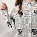Vintage Newspaper Printed Turn Down Collar Blouse Shirt