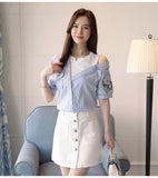 Striped Flower Embroidered Blouse Shirt