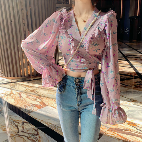 Long Sleeve Chiffon Flowers Pattern Ruffle Blouse Shirt