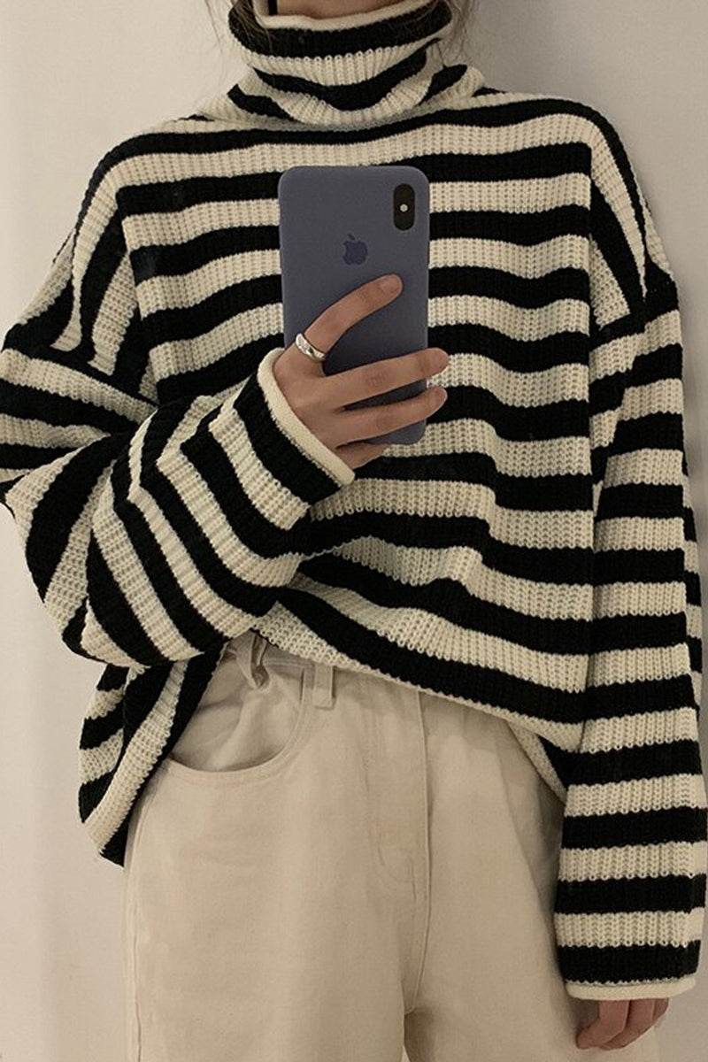 Vintage Striped Loose Turtleneck Knitted Sweater – Tomscloth