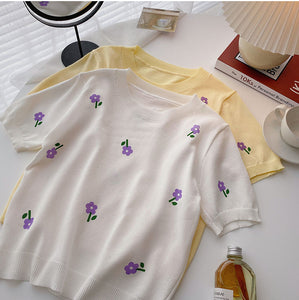 Purple Flower O-Neck Knitted Shirt
