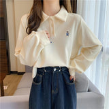 Long Sleeve Cartoon Pocket Embroidered Turn Down Collar Sweatshirt