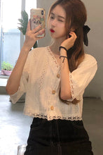 Short Sleeve V-Neck Lace Hollow Slim Shirt