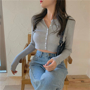 Long Sleeve Knitted Slim Cropped Shirt