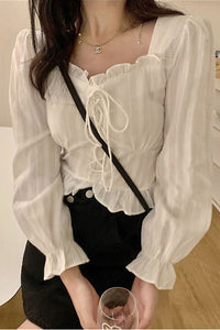 Long Sleeve Front Tie Square Collar Blouse Shirt