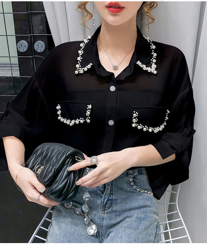 Long Sleeve Pearls Beading Chiffon Blouse Shirt