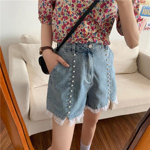 High Waist Pearls Pattern Lace Shorts Jeans