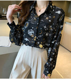 Long Sleeve Stars Planet Printed Office Blouse Shirt
