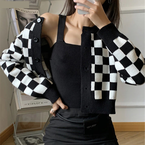 Checkerboard Cardigan Black Cami