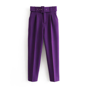 High Waist Solid Long Pants With Belt